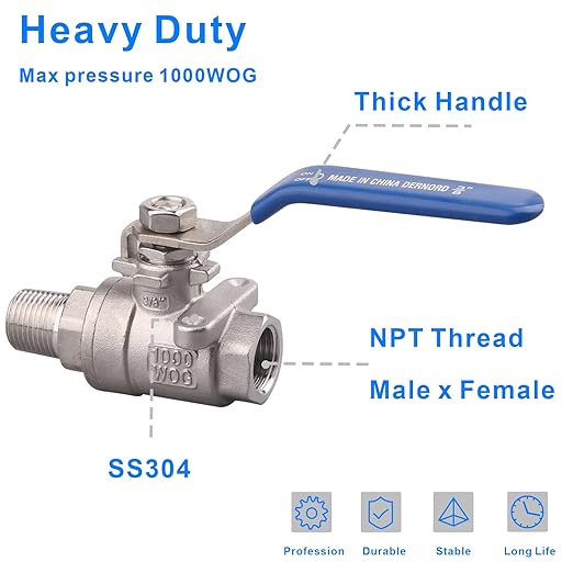 DERNORD 2 Pack Full Port Ball Valve 3/8 Inch - Male x Female Stainless Steel 304 Heavy Duty for Water, Oil, and Gas, 1000WOG