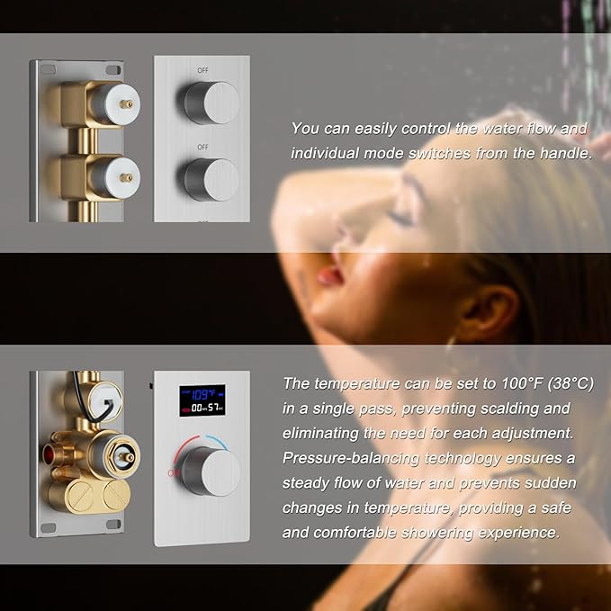Shower Valve Concealed Shower Mixing Faucet with Temperature Display Function, Flow Control Brass Diverter Valve Kit, 5 Function Can Be Activated Simultaneously, Brushed Nickel