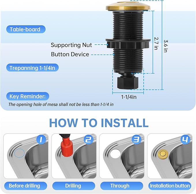 Garbage Disposal Air Switch Kit Sink Top Waste Disposal Long Stainless Steel Golden Brushed On/Off Air Button Food and Waste Disposals Part by Briidea, UL Listed
