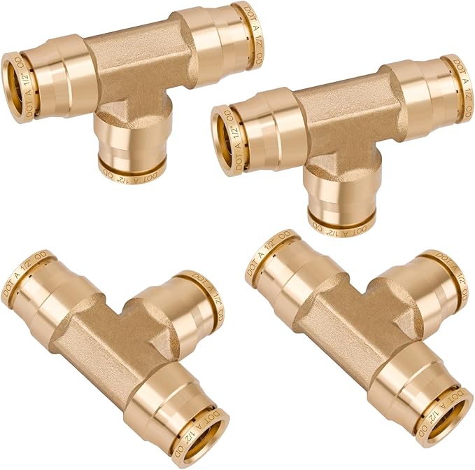 1/2" Tee Union DOT Air Fittings, Quick Push to Connect Fittings Brass Union Tee, 4PCS DOT Approved Air Brake Line Fittings for Trucks Trailers and Industrial Use