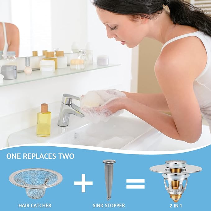 Bathroom Sink Stopper with Hair Catcher – Universal Pop-Up Drain Strainer for 1.1–1.5 inch US Standard Sink Drain Holes, Anti-Clog Basin Stopper, Silver