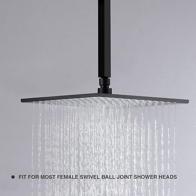 Matte Black Shower Arm with Flange Ceiling Mounted 8 Inch Square Extension Pipe for Overhead Rainfall Shower Head, Stainless Steel