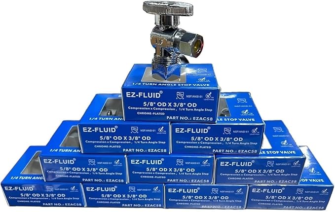 (10 Pack) EZ-Fluid 1/2" Nom. (5/8" OD) × 3/8" OD Compression Angle Stop Valve Chrome Brass, 1/4 Turn Water Shut-Off Valve for for Sink, Bathroom, Kitchen, Laundry Plumbing