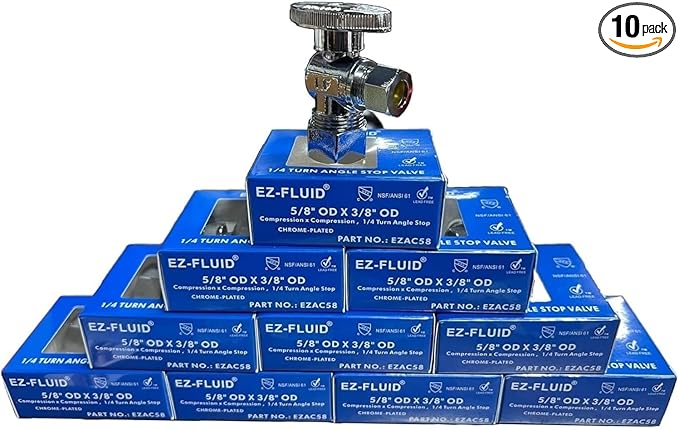 (10) EZ-Fluid 1/2" Compression x 3/8" OD Angle Stop Valve, Lead-Free Chrome Brass, 1/4 Turn Water Shut Off Valve for Copper Pipes, Heavy Duty Plumbing Supply LF