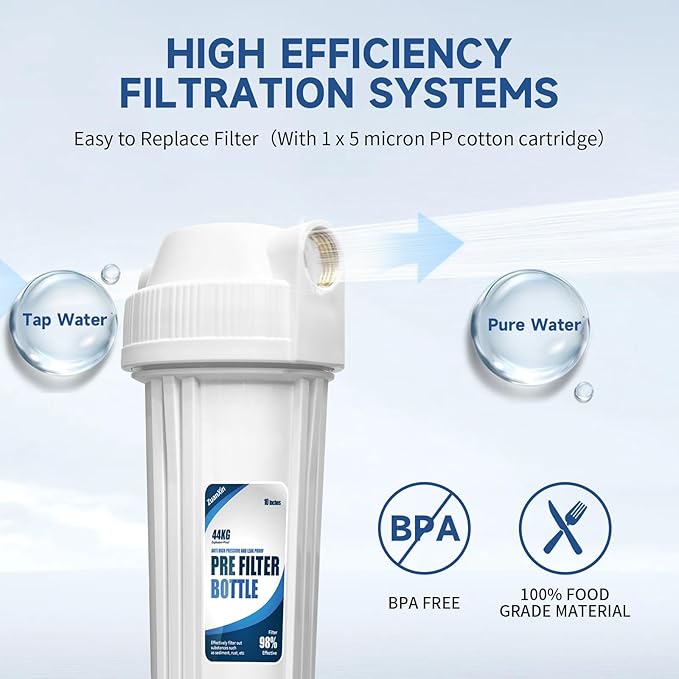 Whole House Water Filter Housing, Fit 10"x2.5" Sediment etc Filters for Well and City Water, Pre-Filtration System for Home, 3/4" Brass Port, Heavy Duty Steel Bracket, 4 Screws, Wrench, 1 Pp Cotton