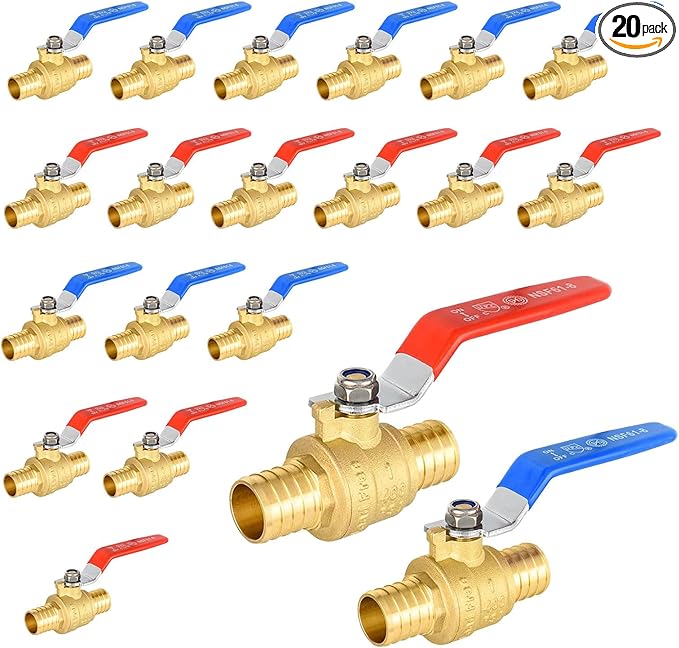 20 Pack Ball Valves, 1" Pex Crimp Shut Off Valve, Brass Full Port Pex B Shut Off Ball Valve for Hot and Cold Water, NSF/ANSI 61 Certified