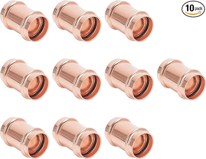 Copper Press Fittings 1/2 inch Coupling No Stop Zero Lead P x P Plumbing Fittings for Residential Commercial 10-Pack
