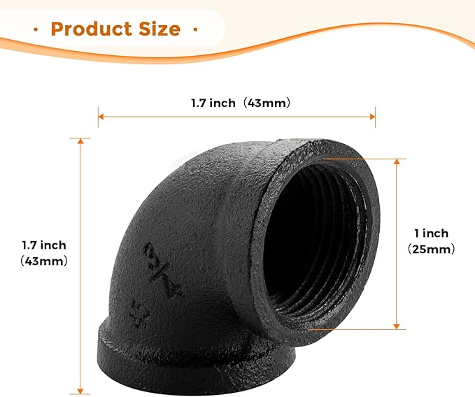 3/4" Black Pipe Fitting Elbow - Home Expert 20 Pack Industrial Pipe Fittings Iron Pipe Elbow for Steampunk Vintage Shelf Bracket DIY Plumbing