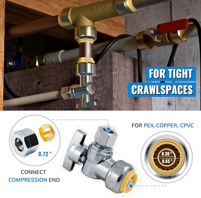 SUNGATOR 2-Pack Angle Stop Valve, Angle Water Shut Off Valve 1/2 x 3/8 Inch Compression, Toilet Water Shutoff, 1/4 Turn, No Lead Brass Push-to-Connect Plumbing Fittings for PEX Pipe, Copper, CPVC