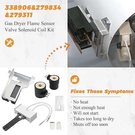 Gas Dryer Repair Kit WP338906 338906 Gas Dryer Flame Sensor 279311 Igniter 279834 Gas Valve Solenoid Coils Kit by Blutoget- Fit for Whirlpool Ken-More Dryers- Replaces WP338906 AP3094251 PS334310