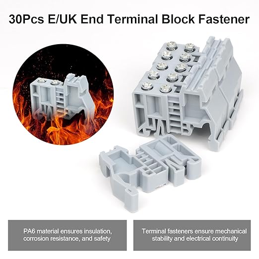 30Pcs E/UK DIN Rail Terminal Blocks End Stopper Bracket, End Terminal Fixing Block Fastener for 35mm Wide Guide Rail, Gray
