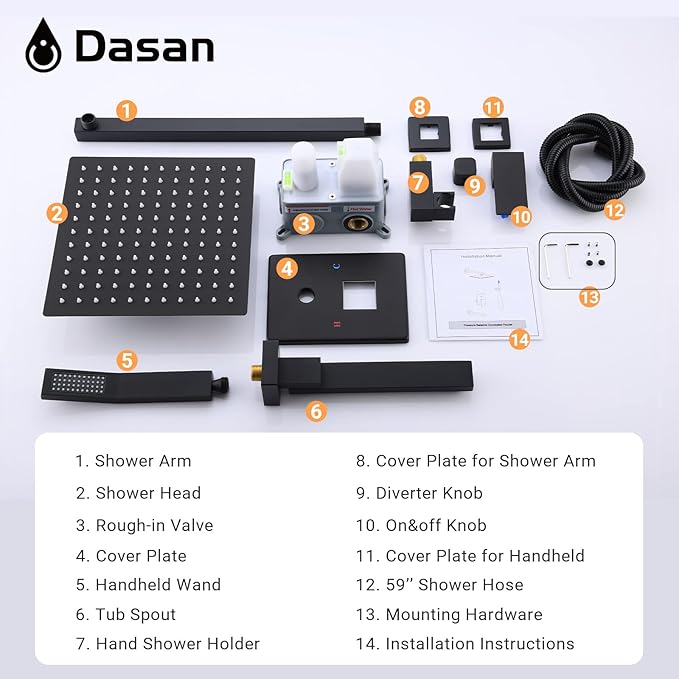 DASAN Tub Shower Faucets Sets Complete Matte Black Bathtub Shower System with Tub Spout, Bathtub Faucet Set Tub and Shower Faucet Combo Trim Kit with Rough-in Valve