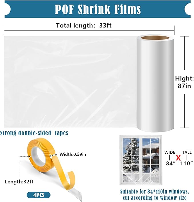 Window Insulation Kit, 87 × 394 Inch Plastic Window Coverings for Winter, Thicken Window Shrink Film Insulator Kit Windows Waterproof Winterizing with 4 Double-Sided Tape for 3 Pcs 7 x 9 Ft Windows