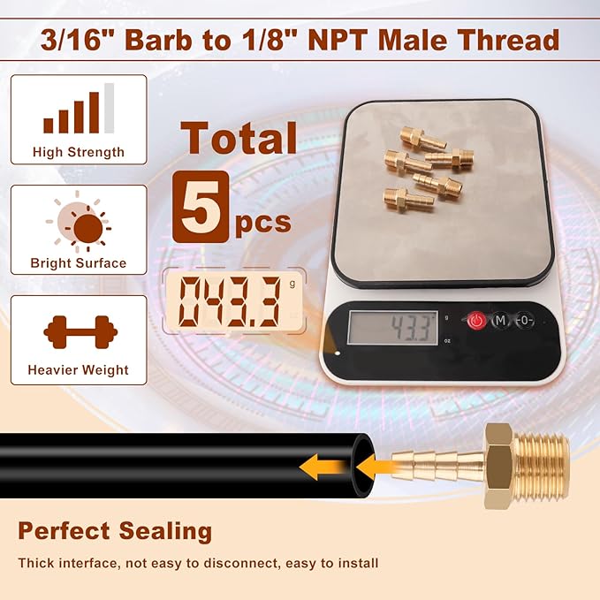 5pcs Brass Hose Barb Fittings 3/16 Inch Barb to 1/8 Inch NPT Male Thread Air Hose Fittings Adapter Connector Water Fuel Air Line Fittings 3/16” × 1/8” NPT Brass Fittings