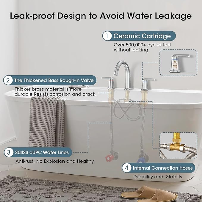 High Flow Roman Tub Faucet with Valve, Widespread Solid Brass 3 Hole Bathtub Faucet, 2 Handle Deck Mount Bath Tub Filler with Supply Water Hoses, Polished Chrome
