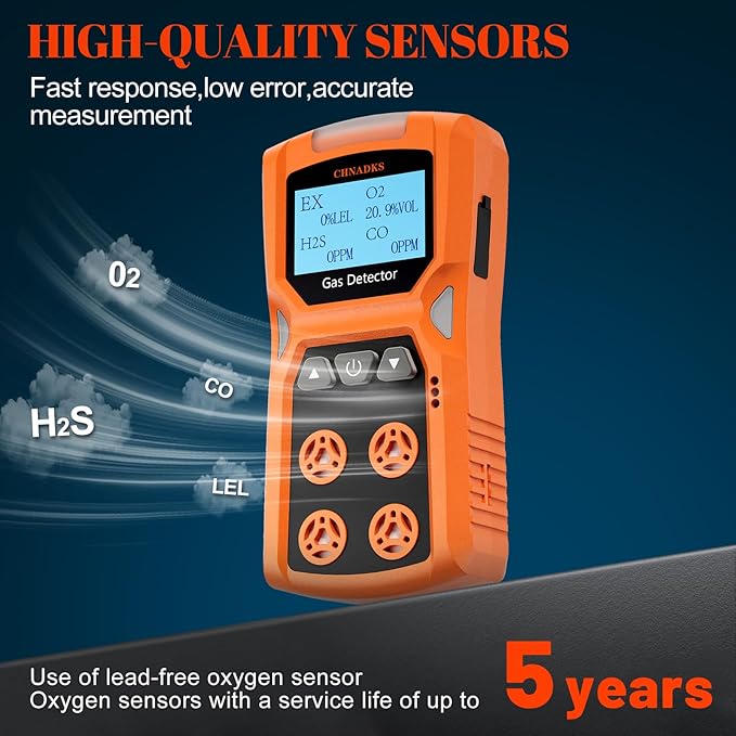 ADKS-4 Portable Gas Detector, 4 Gas Monitor H2S,O2,CO and LEL Multiple Indicator with Vibration, Audible, Visual 4 Gas Monitor Personal Rechargeable Gas Sniffer Alarm with LCD