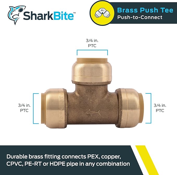 SharkBite 3/4 Inch Tee, Push to Connect Brass Plumbing Fitting, PEX Pipe, Copper, CPVC, PE-RT, HDPE, U370LFA