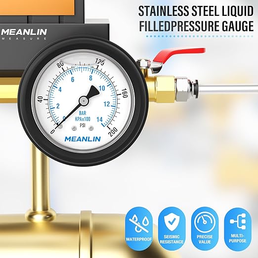 MEANLIN MEASURE 0~200Psi Stainless Steel 1/4" NPT 2.5" FACE DIAL,Liquid Filled Pressure Gauge, Center Back Mount (with Rubber Protective Sleeve), with 1/2" NPT and 3/8" NPT Hex Bushing