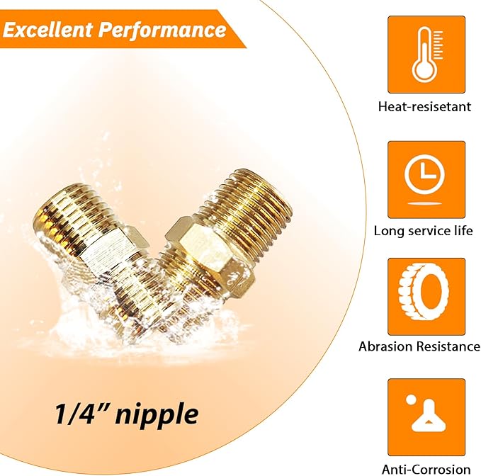 2PCS Hex Brass Nipple 1/4" NPT Male X 1/4" NPT Male Pipe Fitting 1/4 inch Brass Pipe Nipples Male Pipes Adapter Fittings Heavy Equal Nipples Connectors