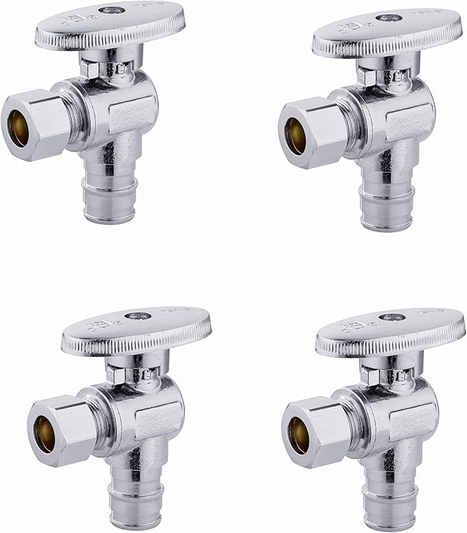 4-Pack EFIELD Pex-a 1/4 Turn Angle Stop Valve 3/8" OD Compression x 1/2" Expansion (F1960) Chrome Plated Brass,(VALVE094-4PCS)