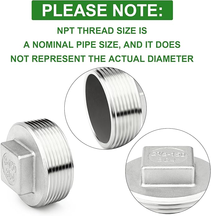 TAISHER 1PCS 304 Stainless Steel Outer Square Thread Socket Pipe Plug Fitting 3" NPT Male