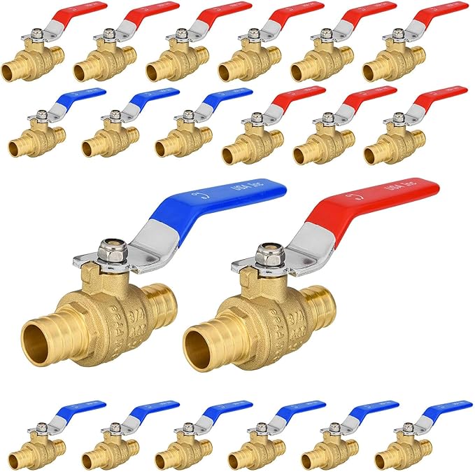 20-Pack Foskan 3/4" PEX Crimp Ball Valve, Brass Quarter Turn Full Port Shut-off Valve for PEX Tubing(Blue and Red)