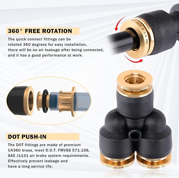 CheeMuii 39 PCS DOT Air Line Quick Connect Fittings 1/4" 3/8" 1/2" Push to Connect Fittings DOT Brass Air Hose Fittings Repair Kit for Semi Truck Air Line Kit or Industrial Air System