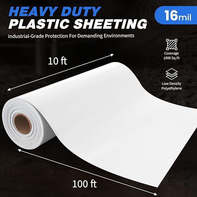 White Crawl Space Vapor Barrier, 16 Mil Vapor Barrier, 10' x 100', White Thick Plastic Sheeting, Heavy Duty Polyethylene Film, White Plastic Drop Cloth Covering for Crawlspace, Basement