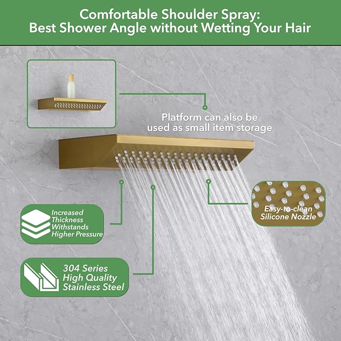 VANFOXLE Shower Faucet Set Brushed Gold Shower System,Shower Faucet with 2 in 1 Handheld,Ceiling Mount 19 Inch Shower Head+14 Inch Shoulder massager