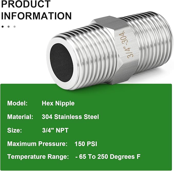 TAISHER 5PCS 304 Stainless Steel New Hex Nipple, 3/4" NPT Male x 3/4" NPT Male, Pipe Adapter Fitting