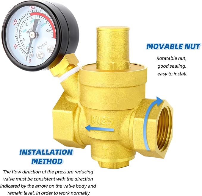 MEANLIN MEASURE 1 inch brass Water pressure regulating valve, pressure regulating valve, pressure reducing valve, DN25, with 0-220PSI pressure gauge