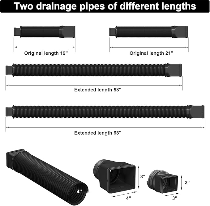 2 Pack Rain Gutter Downspout Extensions, Flexible Downspout Extender with 58"+68" Extendable Pipes for Rain Water Drainage, Durable Down Spout Drain Extension with Connector (Black)