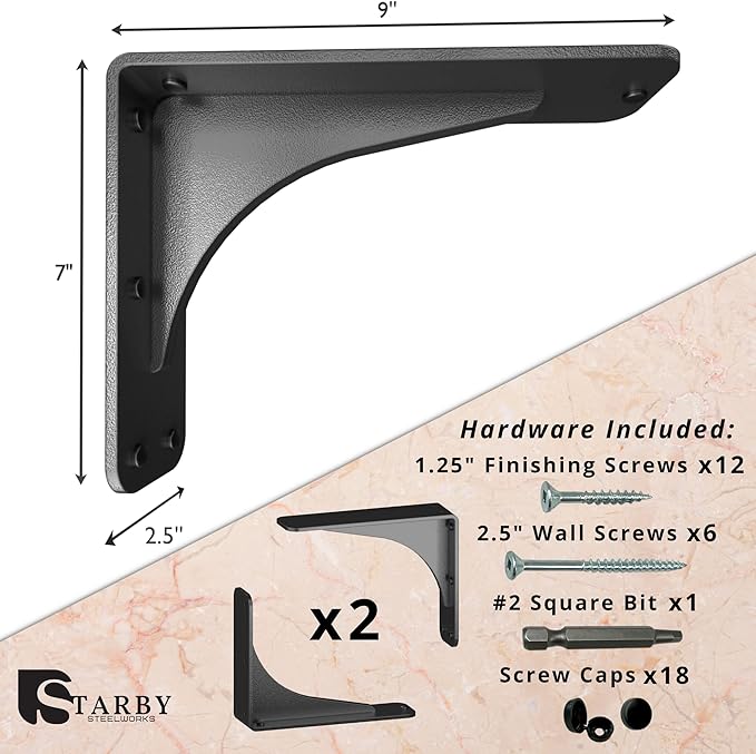 Starby Gladiator Series Solid Heavy Duty Welded 500 Lb Low Profile Granite Countertop Support Shelf Brackets Floating Shelf Discrete Slim 500 LB Capacity (2 Pack) (7" x 9" x 2.5")