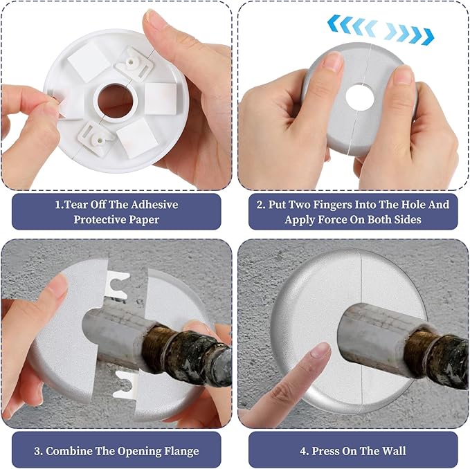 4 Pcs Escutcheon Plate, Self-Adhesive Plumbing Cover Plates, Round Escutcheon Plate for 0.7In Diameter Water Pipes, Wall Split Flange for Kitchen Toilet Faucet Decoration (Silver)