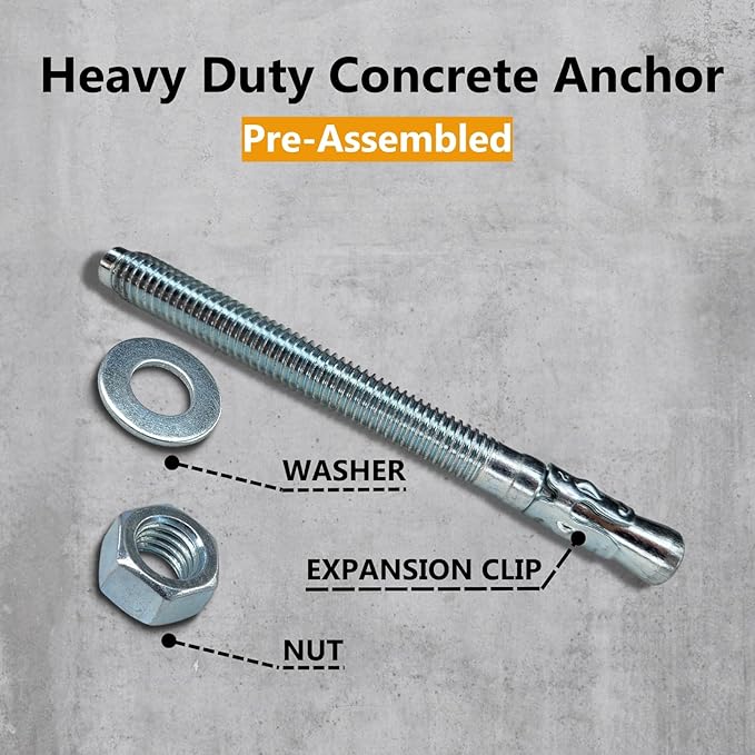 Party Animals 1/4 x 4 Inch Wedge Anchor, 5 PCs Zinc-Plated Industrial Anchor Bolts for Cement, Concrete