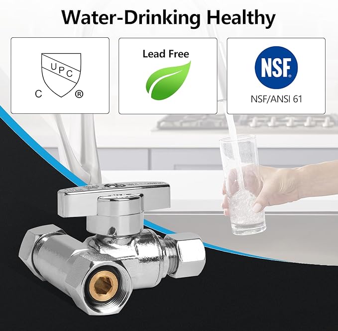 WiseWater 3/8 Inch Tee Stop Valve, Brass Angle Stop Add-A-Tee Valve, 3/8" x 3/8" x 3/8" Shut Off Valve for Refrigerator, Ice Maker, Coffee Brewers, Water Filter System (2 Pack)