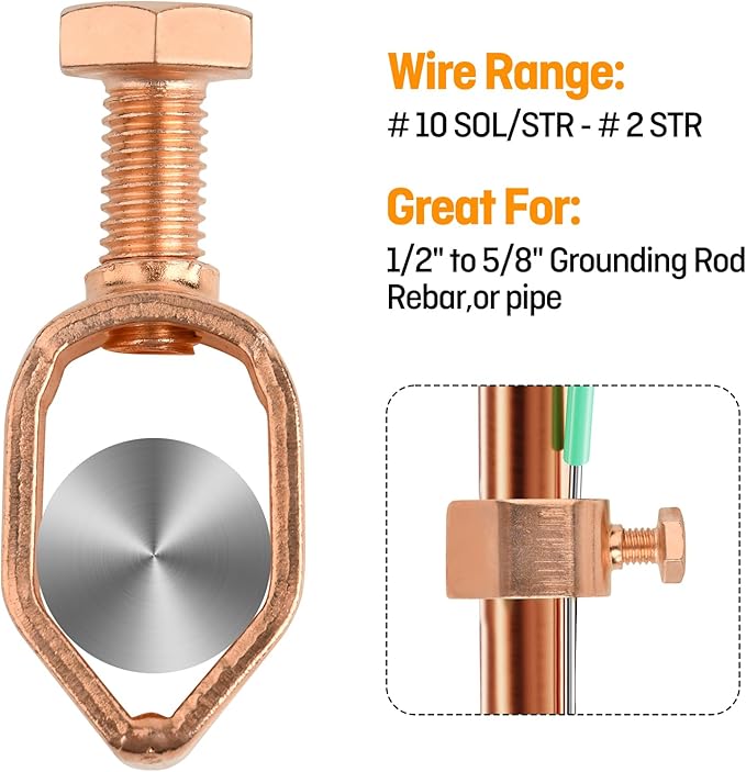 10PCS Ground Rod Clamp, Great for 1/2”- 5/8” Grounding Rods (10, Copper Clad Clamp (1/2''-5/8''))