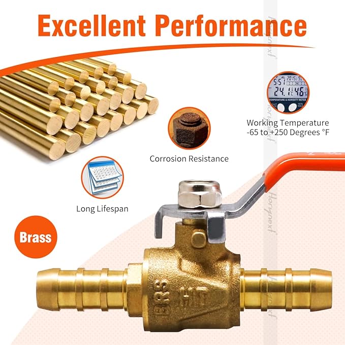 3/8 inch brass mini shut off ball barb valve for water fuel hose gas line rv air tubing, straight inlet manifold petcock 3/8 fuel shut off valve (2pcs with clamps kit)