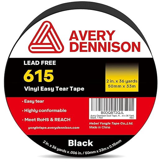 Avery Dennison Duct Tape, Heavy Duty PVC Easy Tear Tape, Strong Adhesive Waterproof Duct Tape for Indoor Outdoor Repairs, 2 in x 36 Yard, Black, 1 Roll