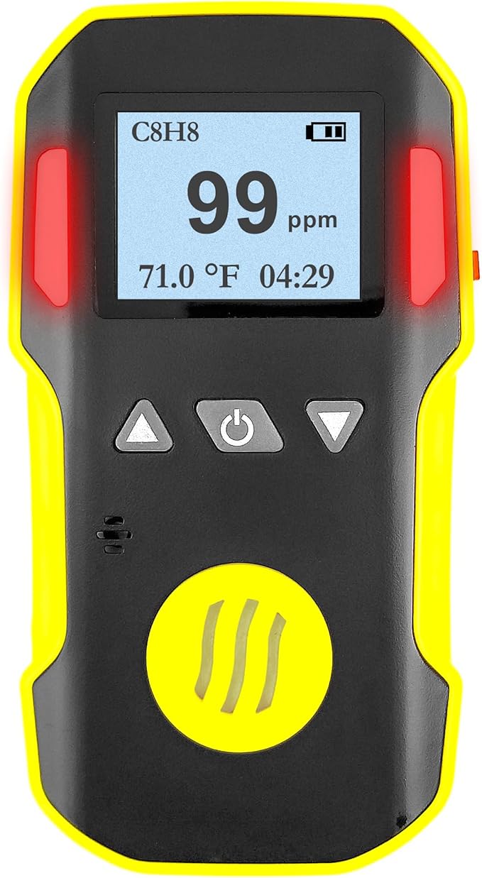 Styrene Gas Detector (C8H8) by Forensics | USA NIST Calibration & Certificate | Dust & Explosion Proof | USB Recharge | Sound, Light and Vibration Alarms | 0-100 ppm |