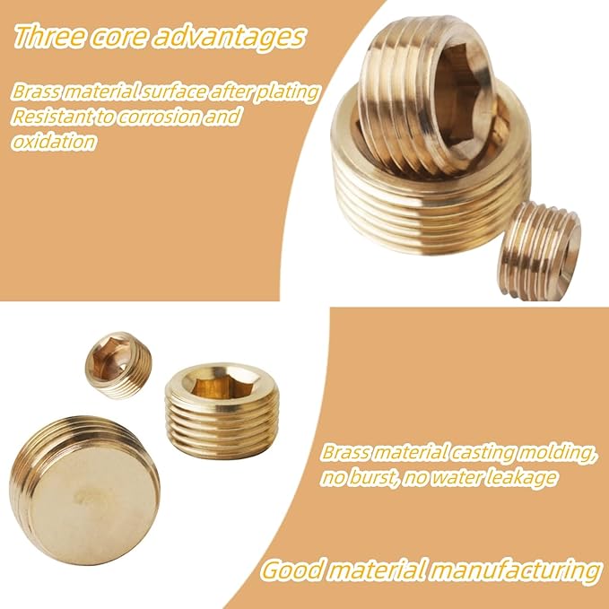 20PCS 1/4" NPT Brass Male Pipe Plug Fitting Hex Counter Sunk Pipe Plug (1/4" NPT)