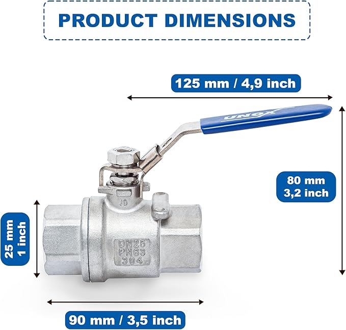 UNOX 1 inch NPT Full Port Ball Valve Two-Piece Body Design, Female Stainless Steel AISI304 Heavy Duty for Water Oil Gas Valve - 1000WOG Steam Ball Valve with Blue Locking Handles