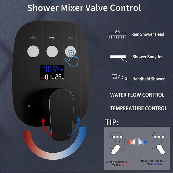 Solid Brass 3 Way Temperature Display Shower Diverter Valve Oil Rubbed Bronze Shower Mixer Valve with Flow and Temperature Control Shower Handle Mixer Rough-In Valve and Trim Kit Replacement