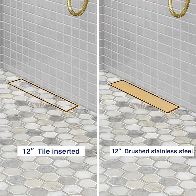 Neodrain 12-Inch Gold Linear Shower Drain, 2-in-1 Flat & Tile Insert Cover, Stainless Steel Linear Drain, Brushed Brass Rectangle Shower Floor Drain with Hair Strainer, Watermark&CUPC Certified