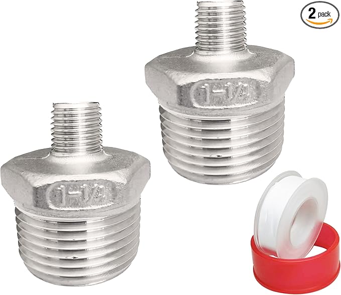 1" Male x 1/4" Male NPT Threaded Reducing Hex Nipple ，304 Stainless Steel Reducing Pipe Fitting Nipple Adapter With Teflon Plumbers Tape (Pack of 2)