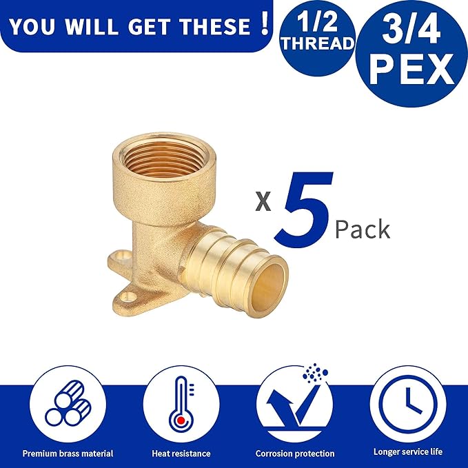 (5 Pack) Lidertik Drop Ear Elbow PEX Adapter, 3/4" PEX ASTM F1960 to 1/2" NPT Female Threaded Adapter Brass Plumbing Connection for Tube Expansion Install