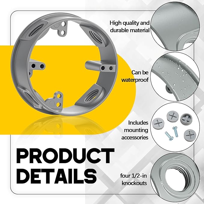 Juexica 2 Pcs 1/2-inch 4 Hole 4 Inch Round Sealproof Electrical Boxes Extenders Round Weatherproof Extension Junction Box Extender Ring 16. 5 Cu. in. Capacity(Gray)