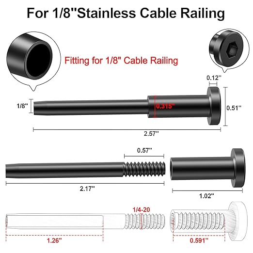 BLIKA 10 Pack 1/8" Black Stainless Steel Invisible Receiver and Swage Stud End for Cable Railing, Deck Stair Threaded End Fitting for Wood & Metal Post, Black Cable Railing Hardware