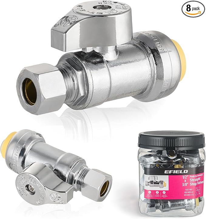 Pro 8-Pack EFIELD Push Fit 1/4 Turn Straight Stop Valve, 1/2 Push x 3/8 Inch Compression, Chrome Plated, Heavy Duty,(PF-VALVE084-8PCS)