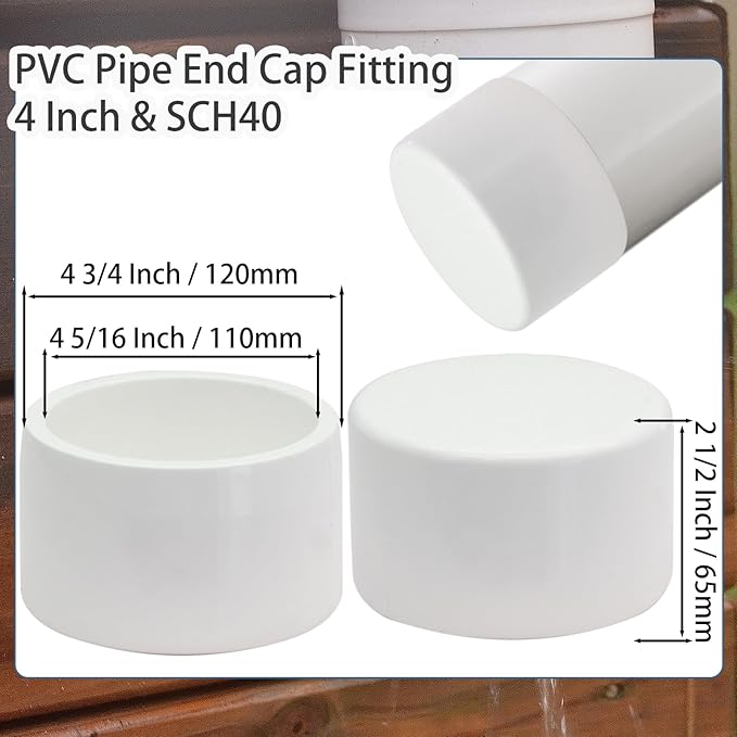 1 Pack 4 Inch PVC Cap, SCH40 PVC Pipe End Cap Fitting Furniture Grade PVC Pipe End Cap Plug Adapter, White PVC Pipe Plug Socket Fittings for Build PVC Furniture DIY Garden Shelf